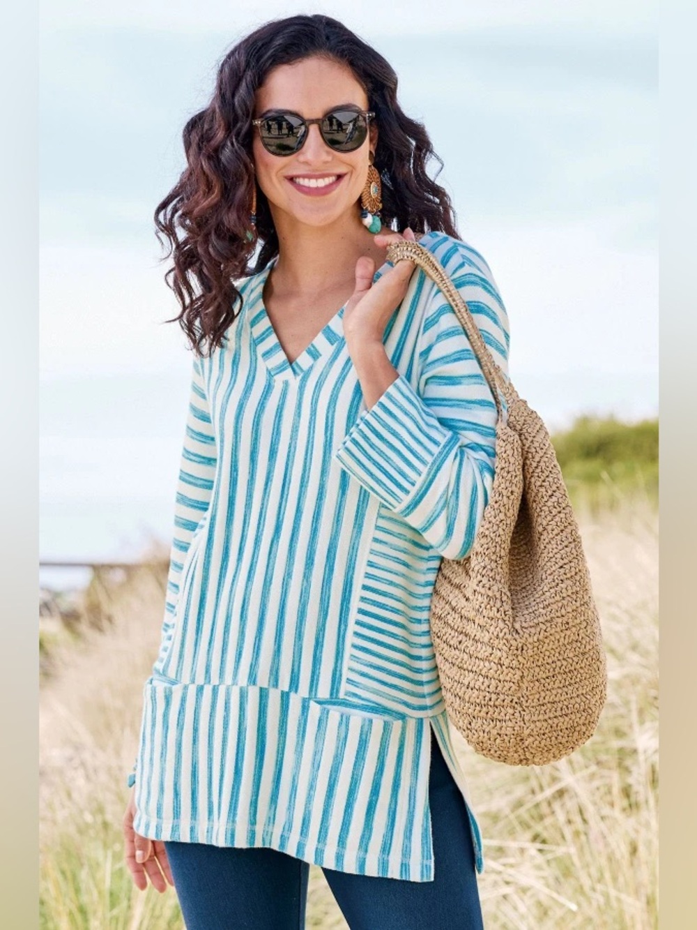 Soft Surroundings Briza Aqua Stripe Tunic Beach Resort Vacation Midweight Terry